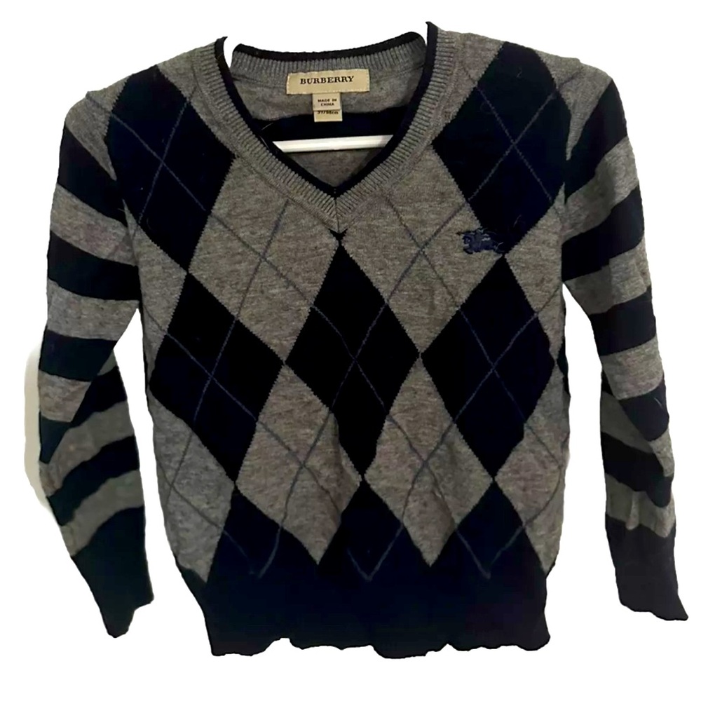 Adorable BURBERRY Boys Argyle & Striped Wool Cashmere Sweater 3T Youth Navy Gray